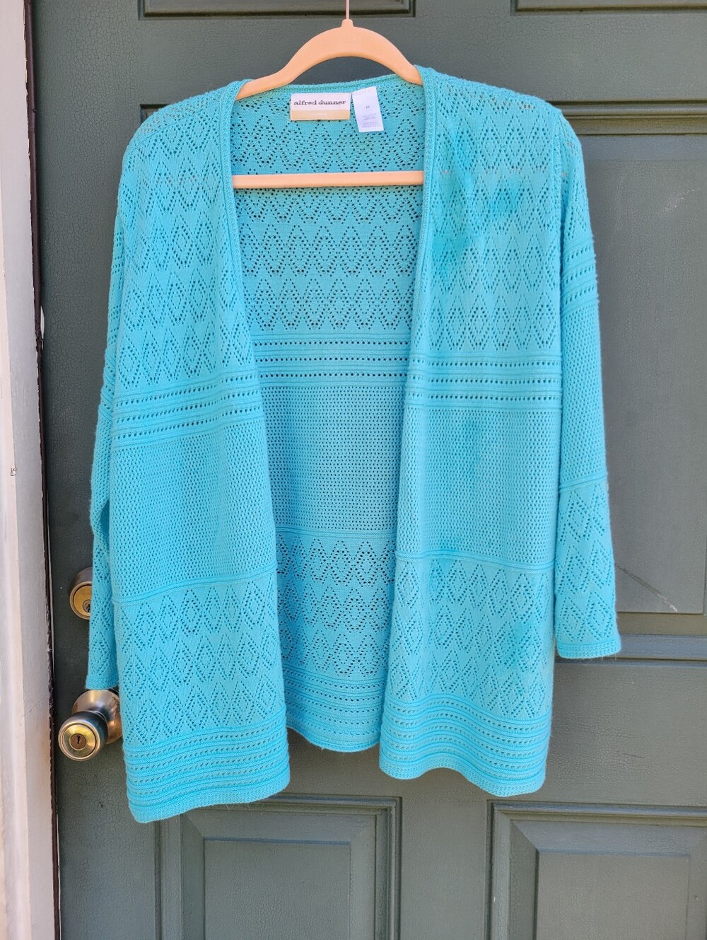 Alfred Dunner Women's 2X Turquoise Open Front Pointelle Knit Cardigan